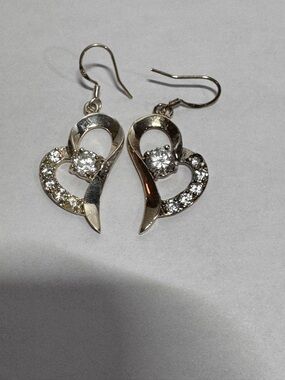 Sterling Silver Heart & Cubic Zirconia Dangle Earrings